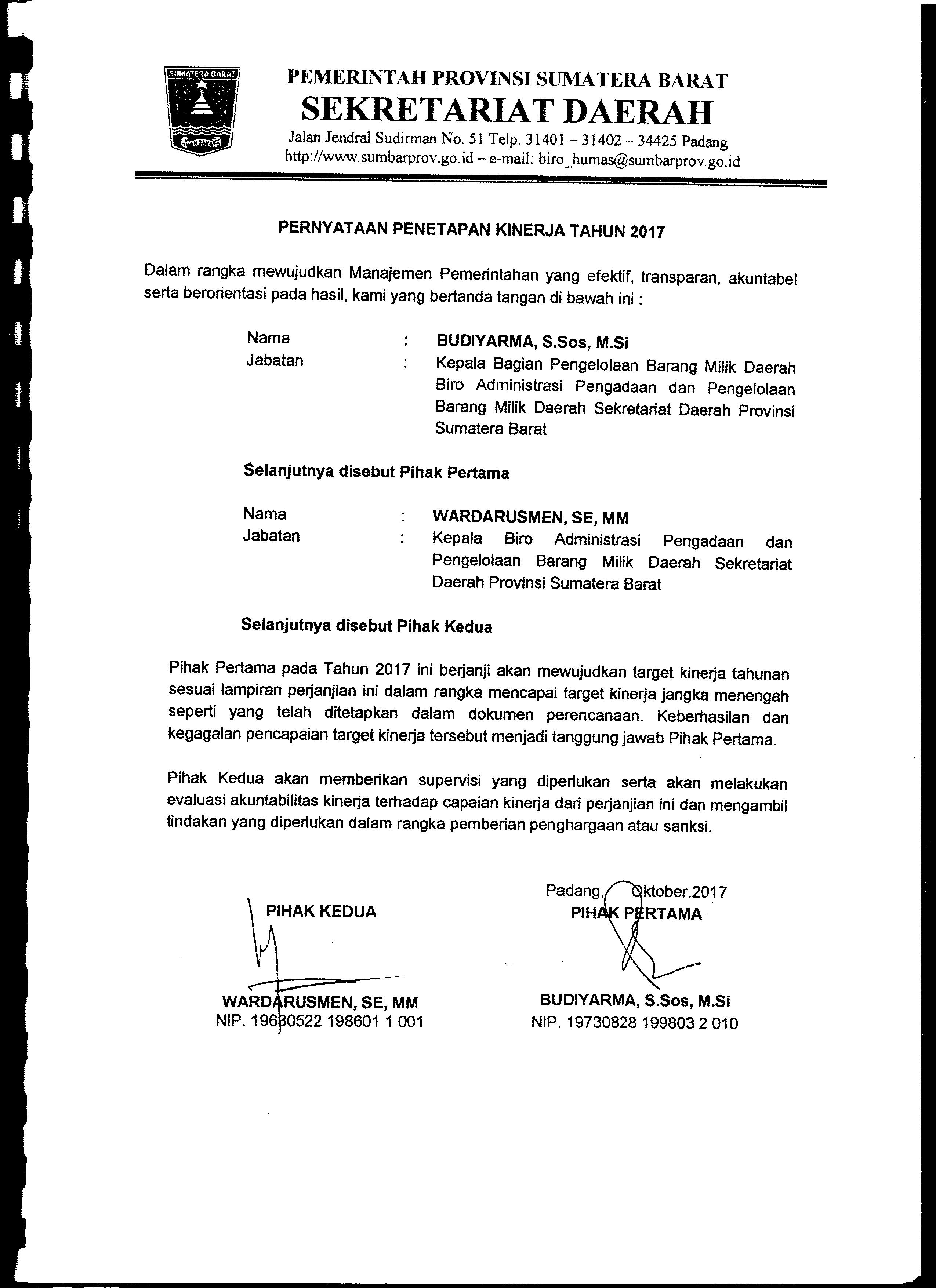 Perjanjian Kinerja Kabag. Pengelolaan BMD Biro AP2BMD Tahun 2017