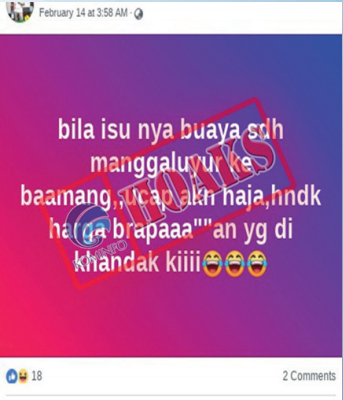 [Hoax] Buaya Muncul di Baamang, Sampit