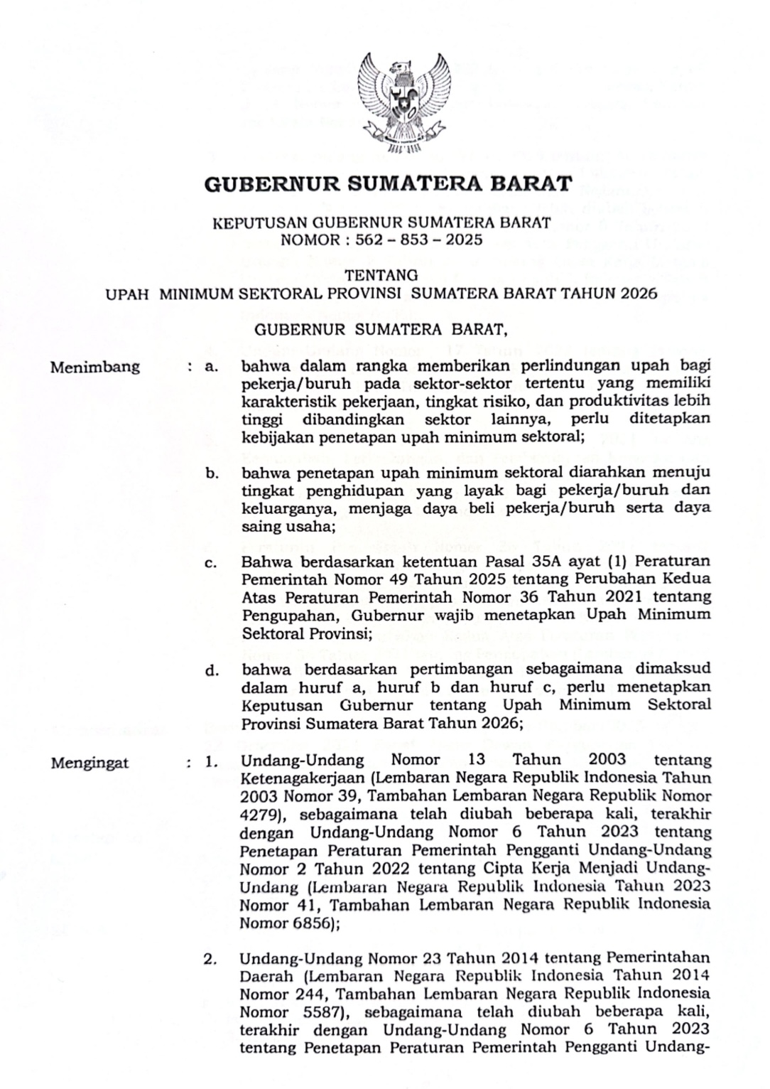 Keputusan Gubernur Sumatera Barat Nomor 562-853-2025 Tentang Upah Minimum Sektoral Provinsi Sumatera Barat Tahun 2026