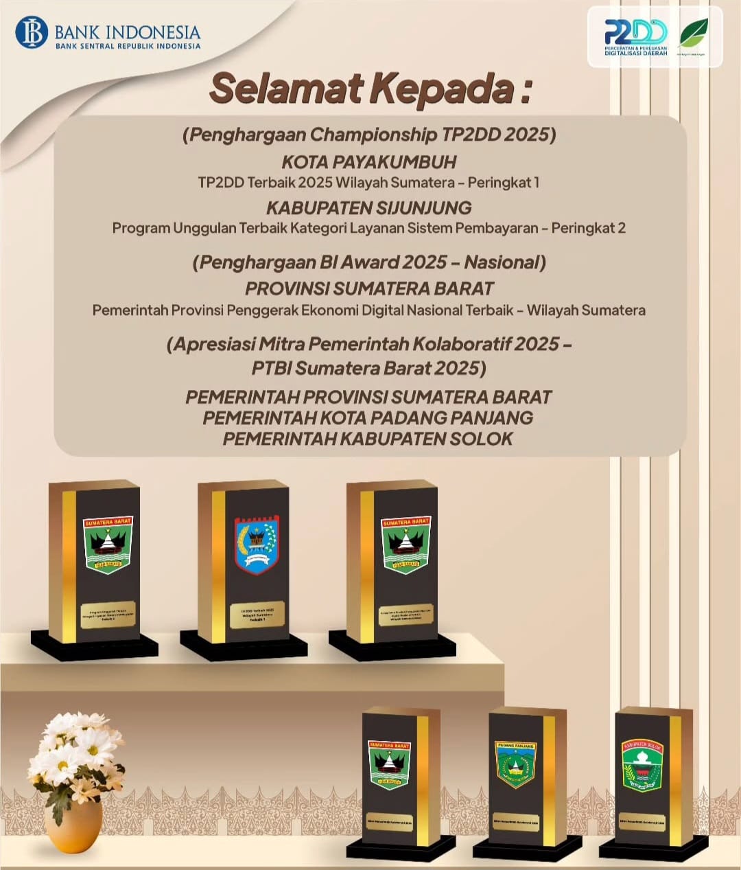 Transformasi Digital Daerah Menguat, Pemprov Sumbar Raih Apresiasi Bank Indonesia Award