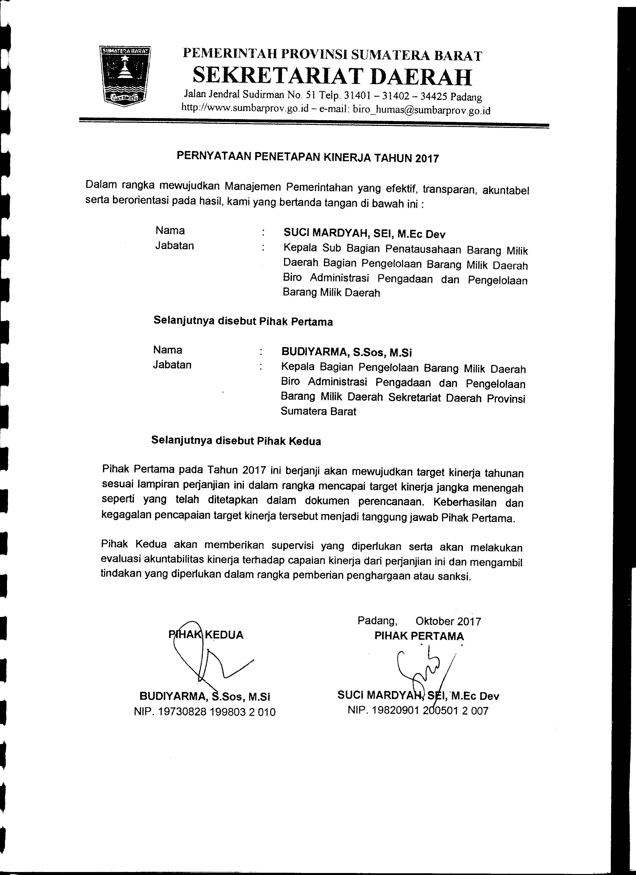 Perjanjian Kinerja Kasubag Penatausahaan BMD Biro AP2BMD Tahun 2017