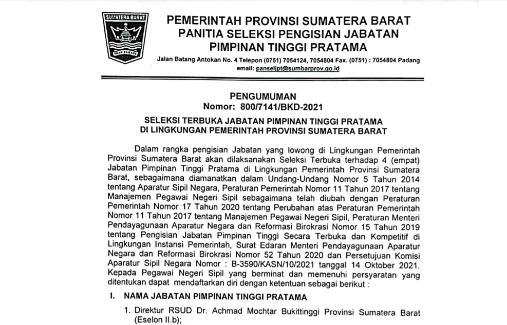 PENGUMUMAN SELEKSI TERBUKA JABATAN PIMPINAN TINGGI PRATAMA DI LINGKUNGAN PEMERINTAH PROVINSI SUMATERA BARAT
