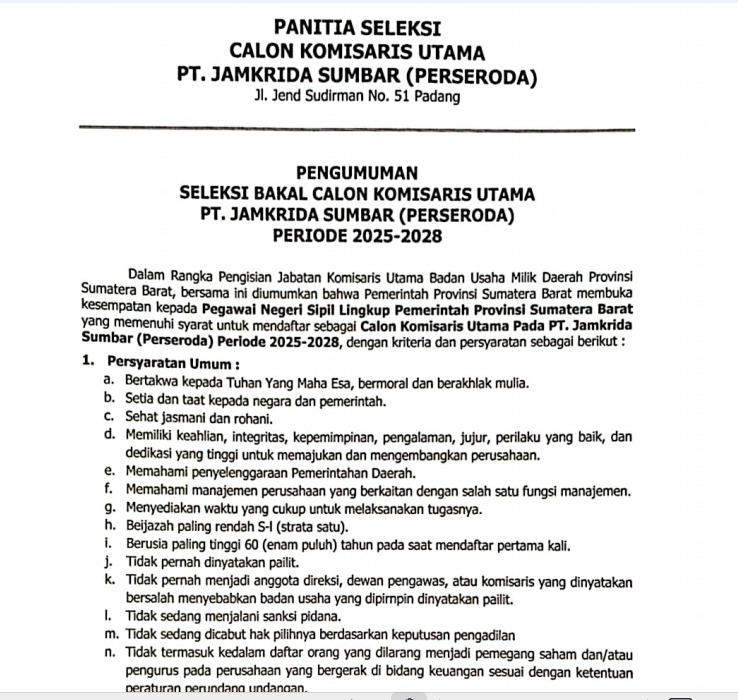 pengumuman  seleksi Komisaris Jamkrida
