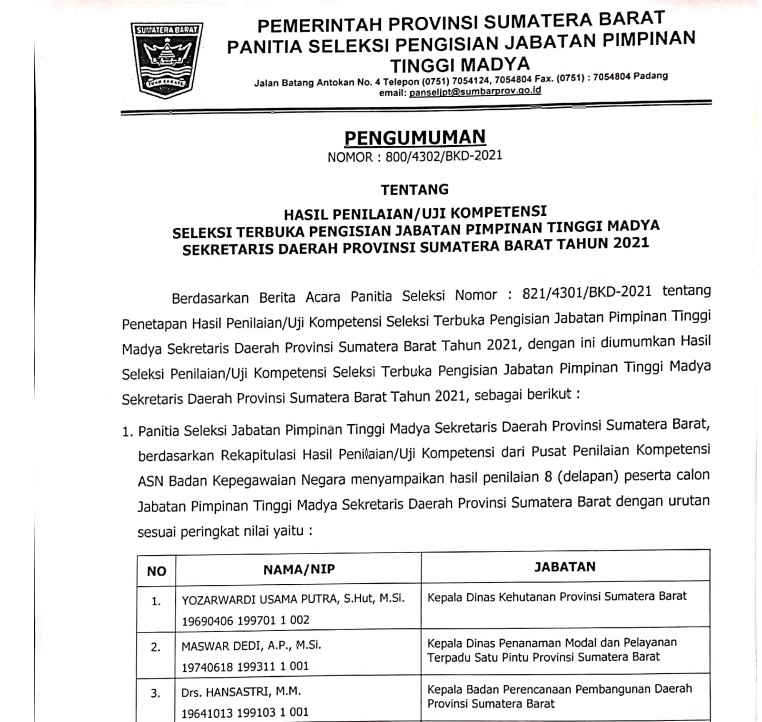 HASIL PENILAIAN/UJI KOMPETENSI SELEKSI TERBUKA PENGISIAN JABATAN PIMPINAN TINGGI MADYA SEKRETARIS DAERAH PROVINSI SUMATERA BARAT