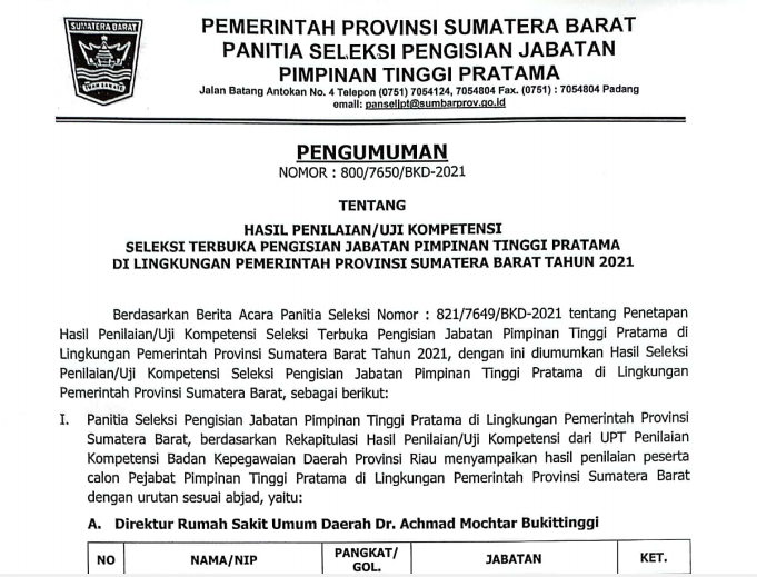 PENGUMUMAN HASIL PENILAIAN/UJI KOMPETENSI SELEKSI TERBUKA PENGISIAN JABATAN PIMPINAN TINGGI PRATAMA  DI LINGKUNGAN PEMERINTAH PROVINSI SUMATERA BARAT TAHUN 2021