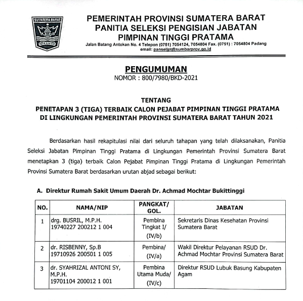 PENGUMUMAN PENETAPAN 3 (TIGA) TERBAIK CALON PEJABAT PIMPINAN TINGGI PRATAMA DI LINGKUNGAN PEMERINTAH PROVINSI SUMATERA BARAT TAHUN 2021