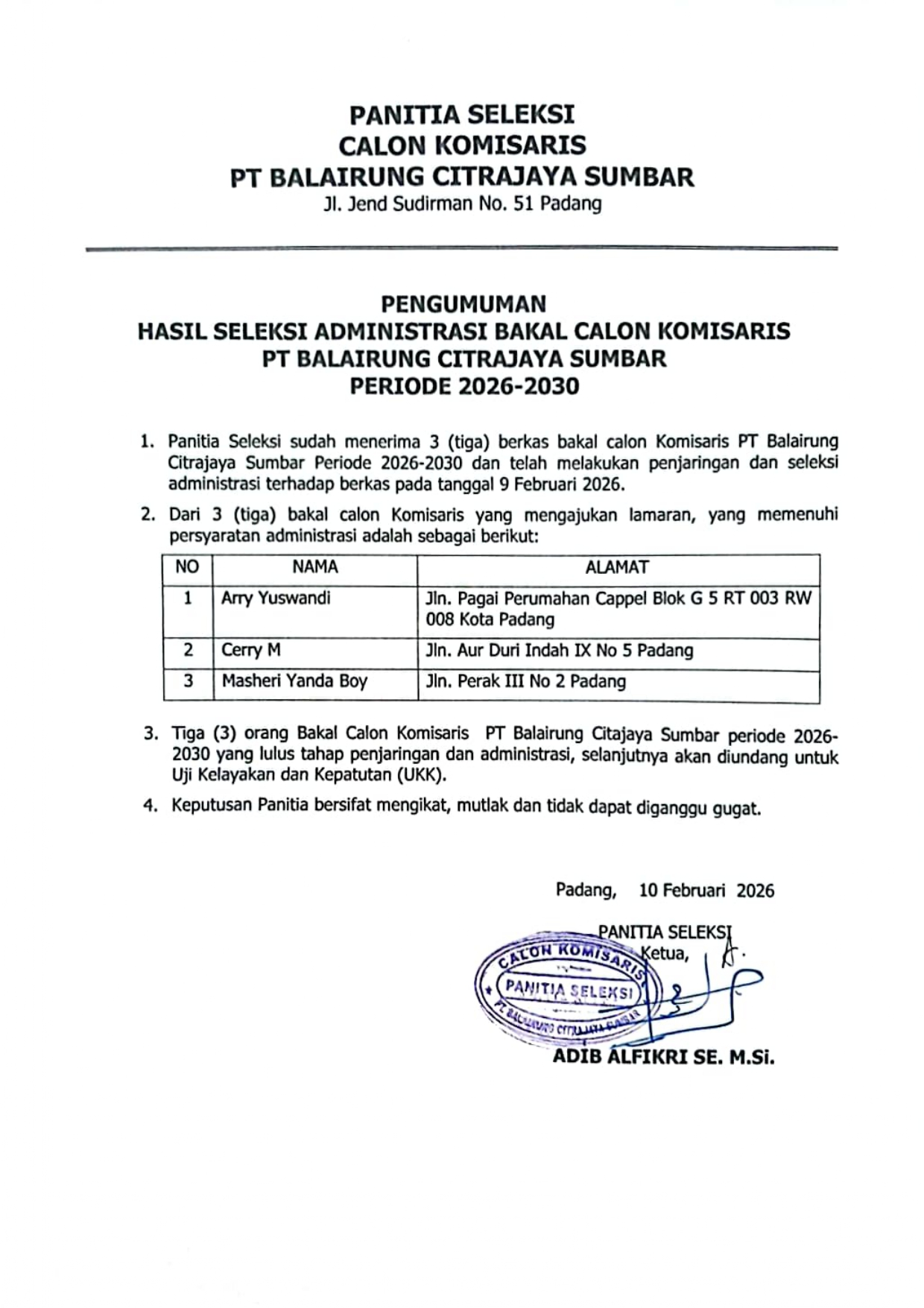 Pengumuman Hasil Seleksi Administrasi Bakal Calon Komisaris PT Balairung Citrajaya Sumbar Periode 2026 - 2030