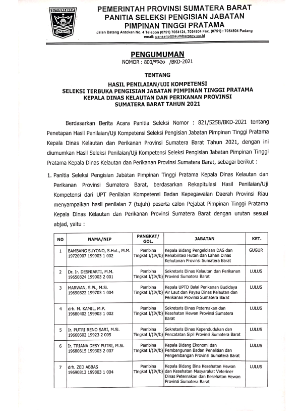 PENGUMUMAN HASIL PENILAIAN/UJI KOMPETENSI SELEKSI TERBUKA PENGISIAN JABATAN PIMPINAN TINGGI PRATAMA KEPALA DINAS KELAUTAN DAN PERIKANAN PROVINSI SUMATERA BARAT TAHUN 2021