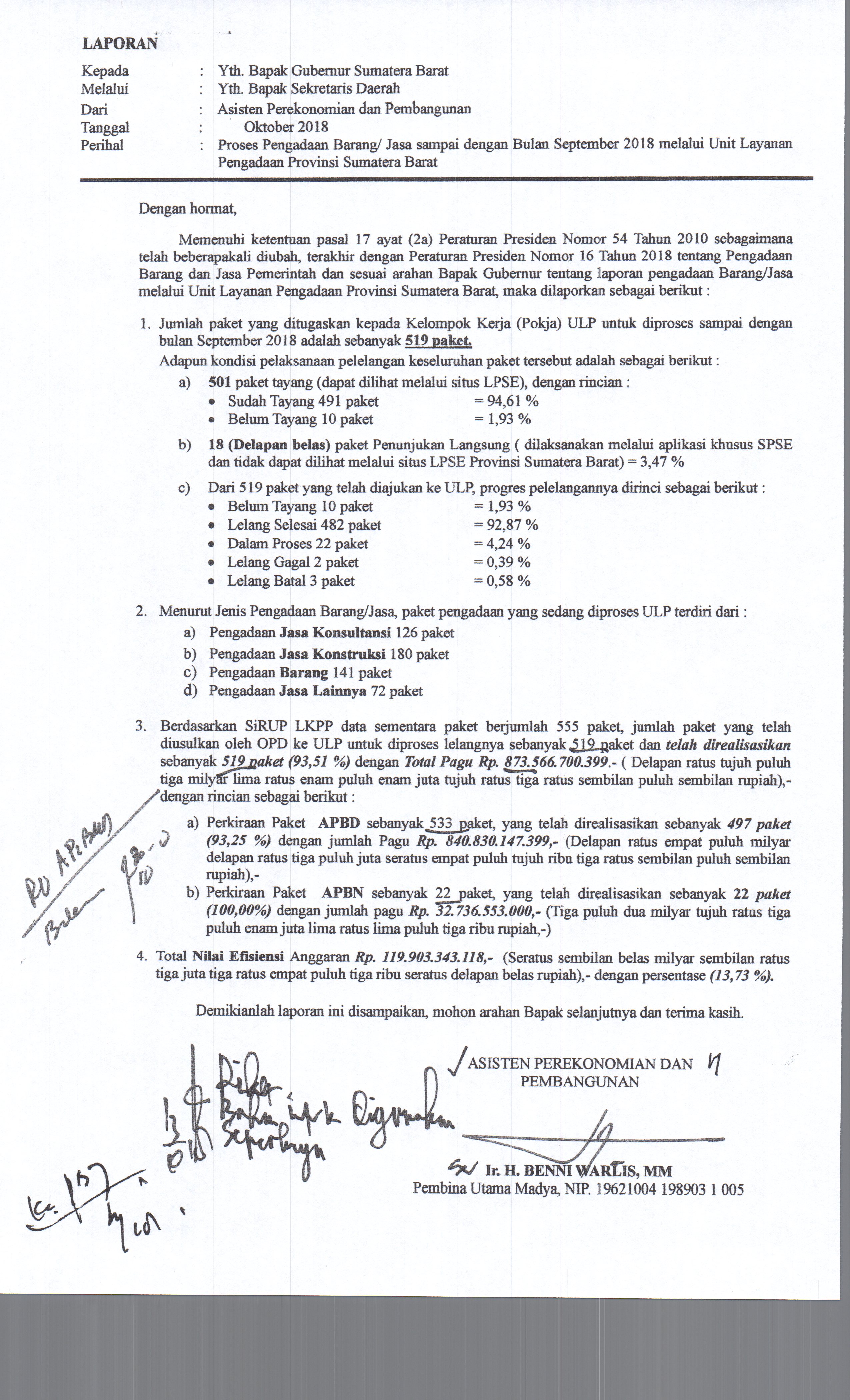 Laporan Proses Pengadaan Barang dan Jasa sampai dengan September 2018 melalui Unit Layanan Pengadaan Provinsi Sumatera Barat