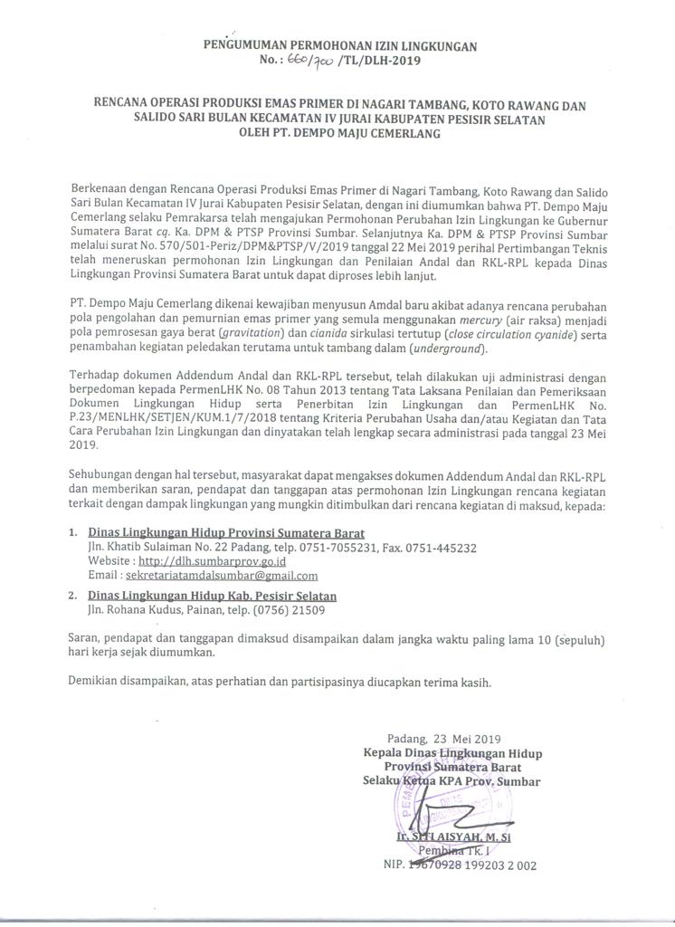 Permohonan Izin Lingkungan Rencana Produksi Emas Primer