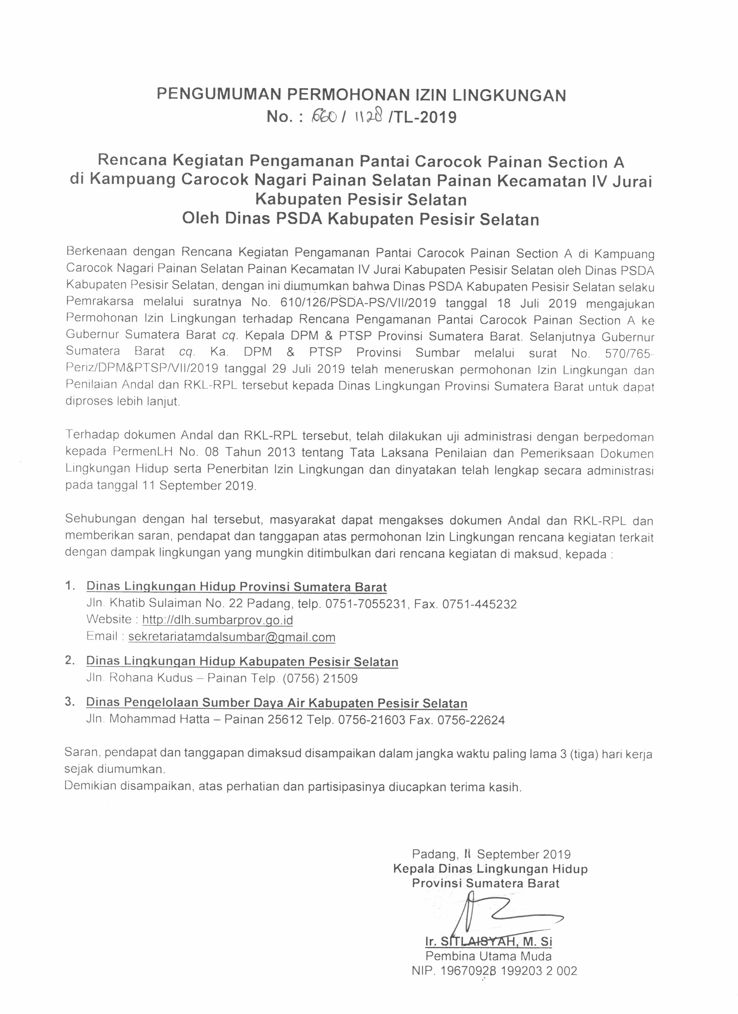 Permohonan Izin Lingkungan Rencana Kegiatan Pengamanan Pantai Carocok Section A