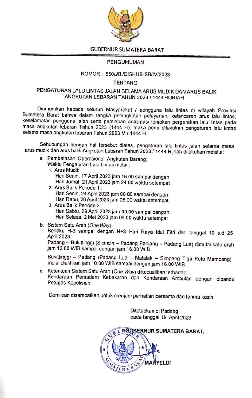 Pengaturan Lalu Lintas Jalan Selama Arus Mudik dan Arus Balik Angkutan Lebaran Tahun 2023 / 1444 Hijriah