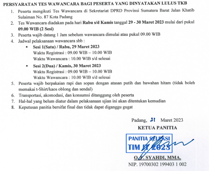 Pengumuman Hasil Tes Kemampuan Bidang Tenaga Kontrak Bidang IT Lingkup Pemerintah Provinsi Sumatera Barat Tahun 2023