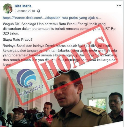 [Hoax] "Istrinya Sandi dan istrinya Derek Maras Adalah Kakak Adik"