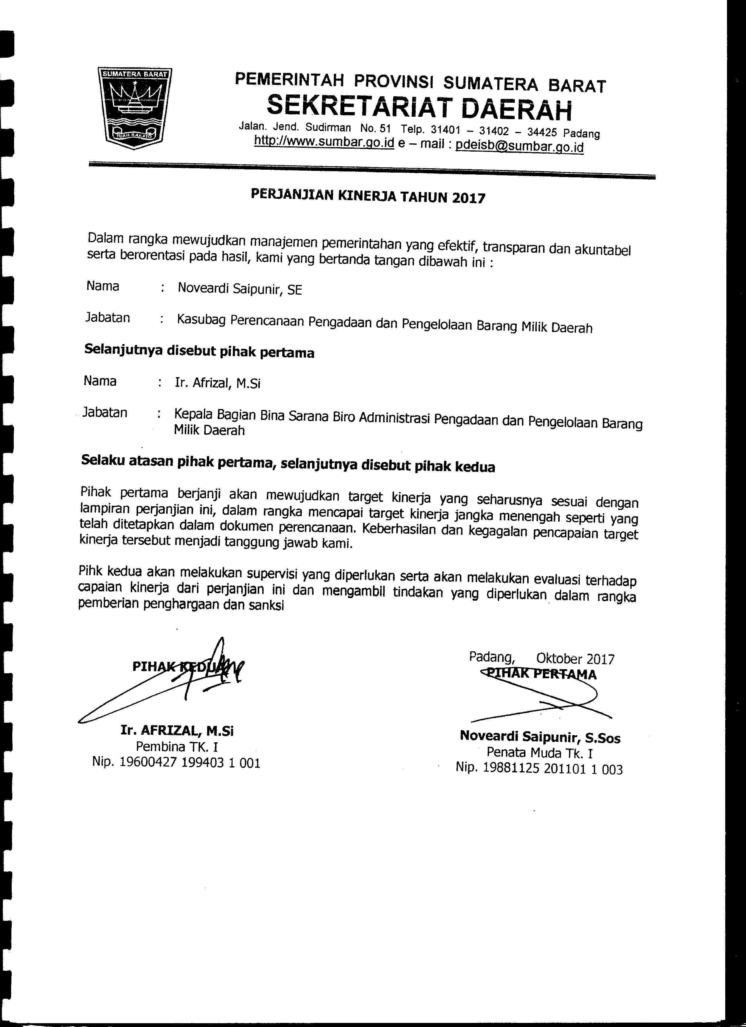 Perjanjian Kinerja Kasubag Perencanaan Pengadaan dan BMD Biro AP2BMD Tahun 2017