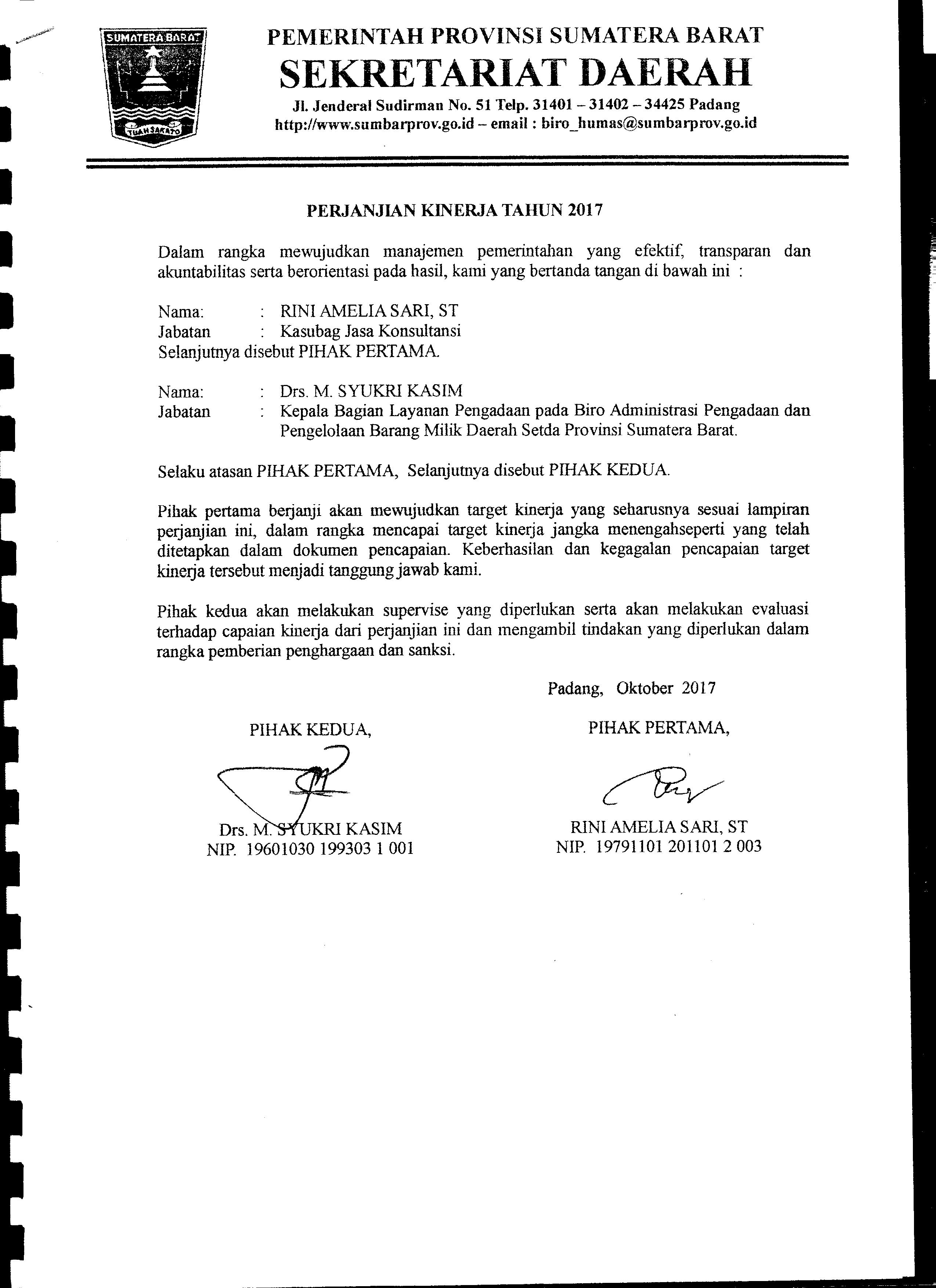 Perjanjian Kinerja Kasubag Jasa Konsultansi Biro AP2BMD Tahun 2017