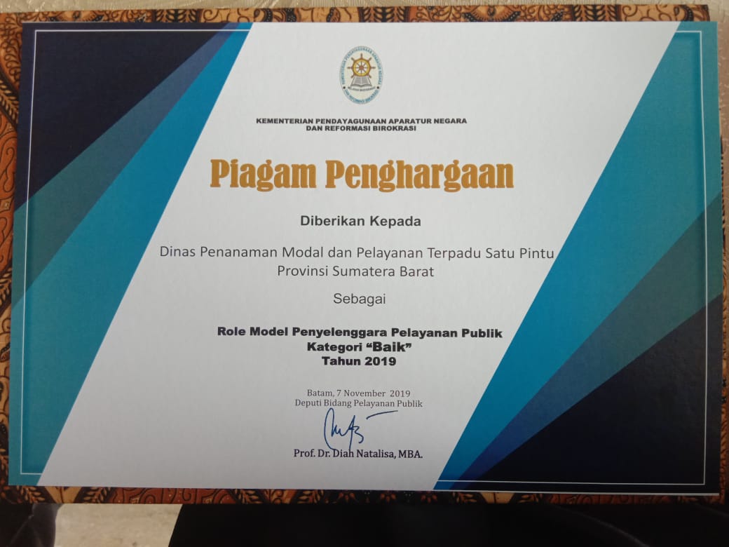 DPM&PTSP Provinsi Sumatera Barat Peroleh Penghargaan Role Model Penyelenggara Pelayanan Publik Kategori Baik dari Kemenpan RB