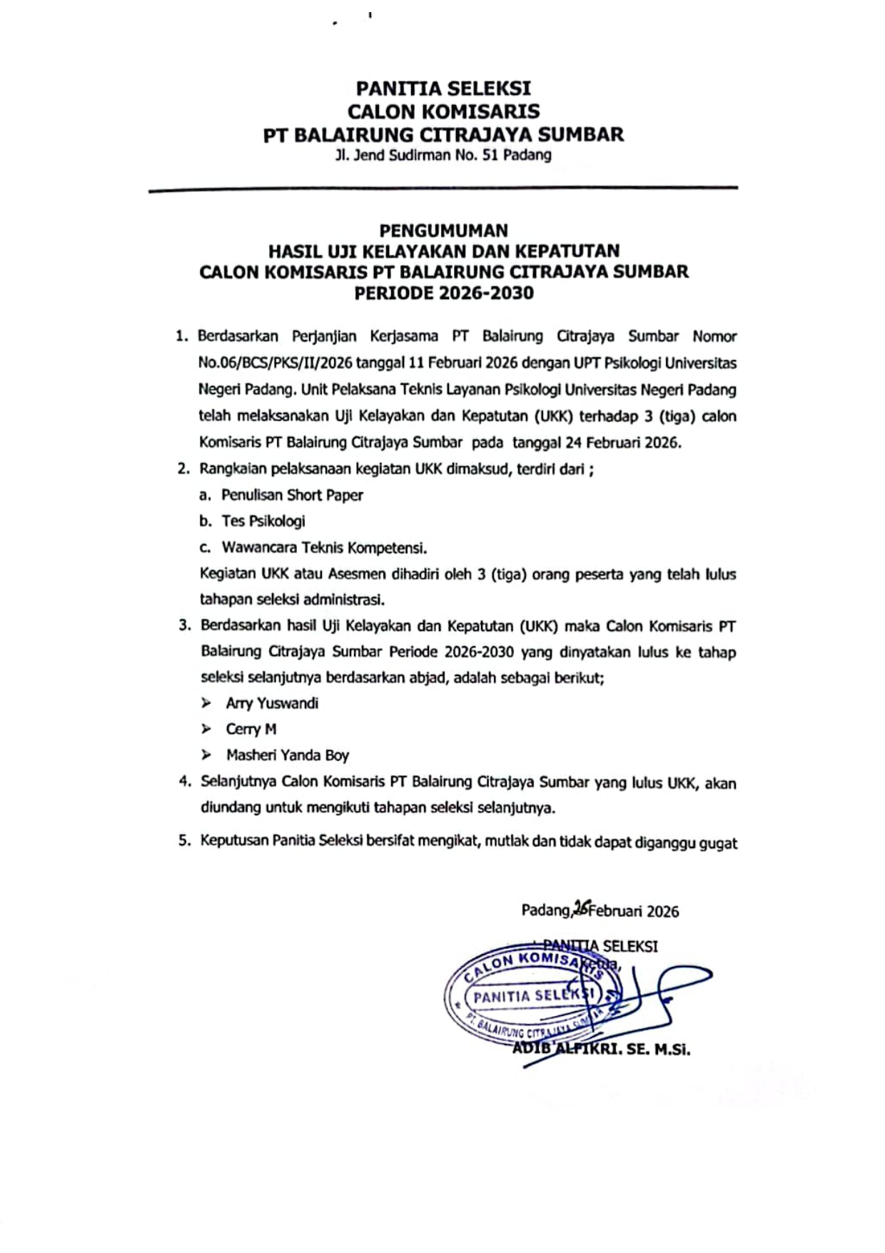 Pengumuman Hasil Uji Kelayakan dan Kepatuhan Calon Komisaris PT Balairung Citrajaya Sumbar Periode 2026 - 2030