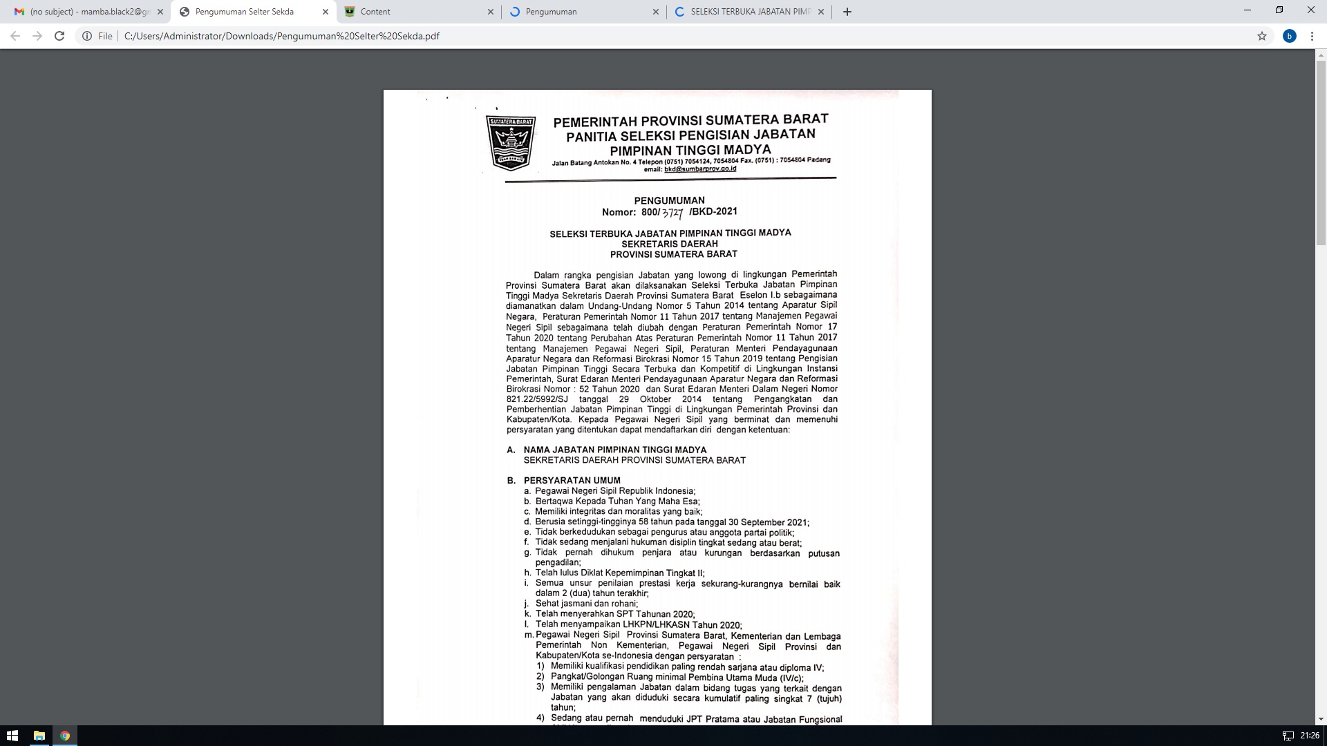 SELEKSI TERBUKA JABATAN PIMPINAN TINGGI MADYA SEKRETARIS DAERAH PROVINSI SUMATERA BARAT