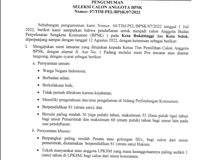 PENGUMUMAN SELEKSI CALON ANGGOTA BPSK