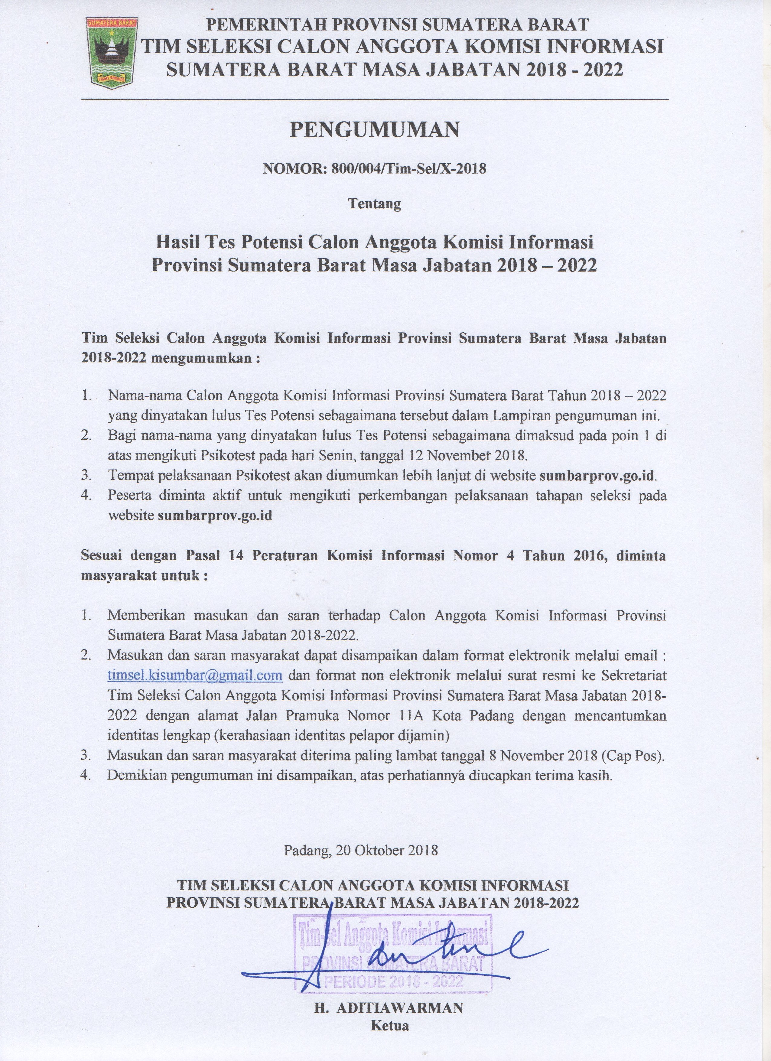 Pengumuman Peserta Lulus Tes Potensi Seleksi Calon Anggota Komisi Informasi Provinsi Sumatera Barat Masa Jabatan 2018-2022