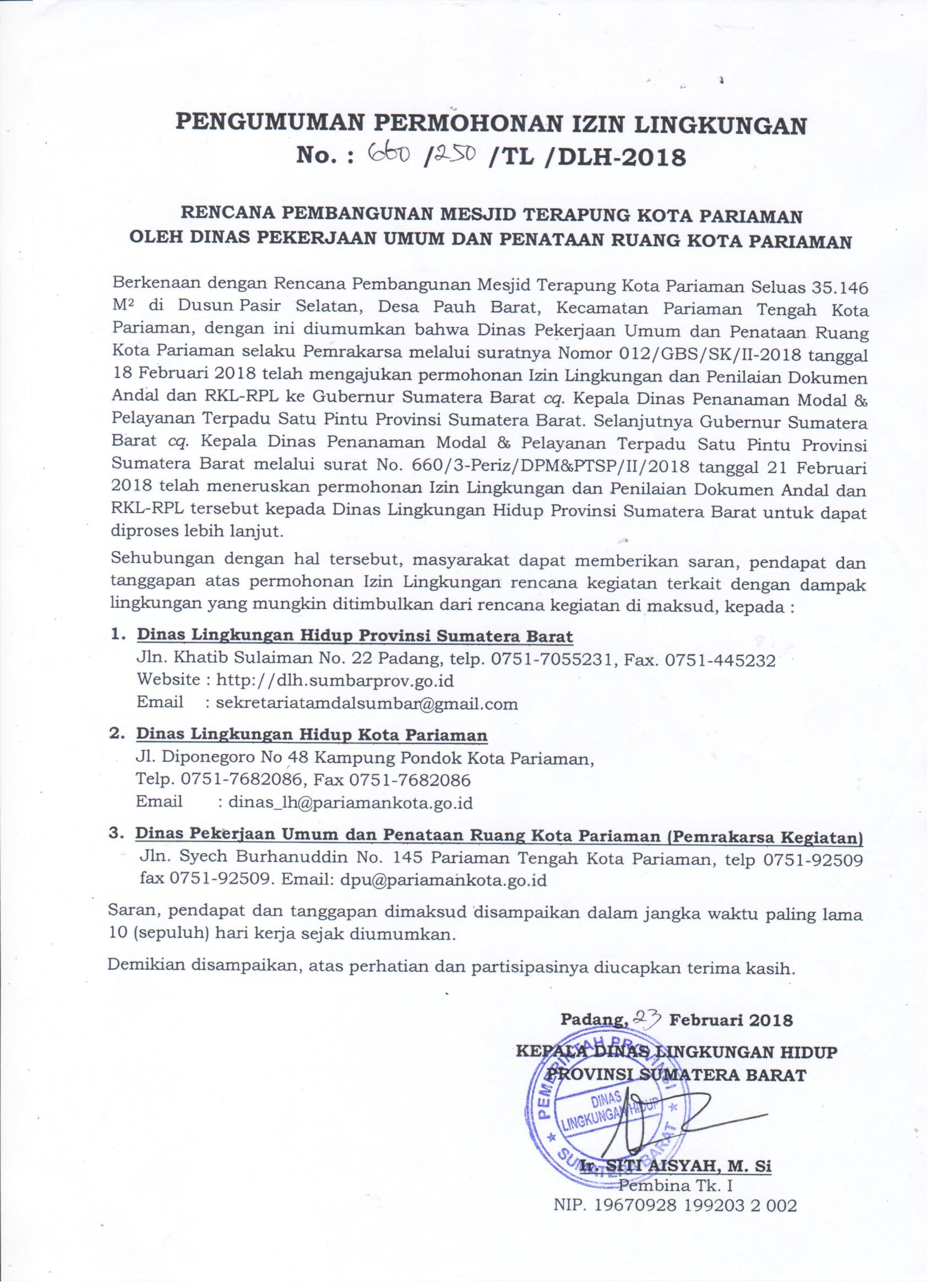 PENGUMUMAN PERMOHONAN IZIN LINGKUNGAN 