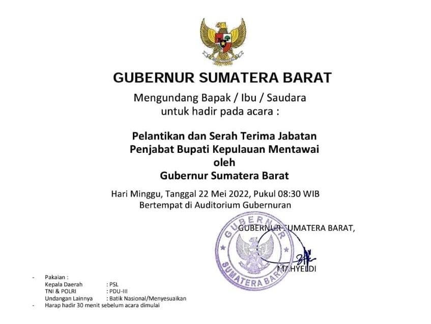 Pelantikan Penjabat Bupati Kabupaten Kepulauan Mentawai