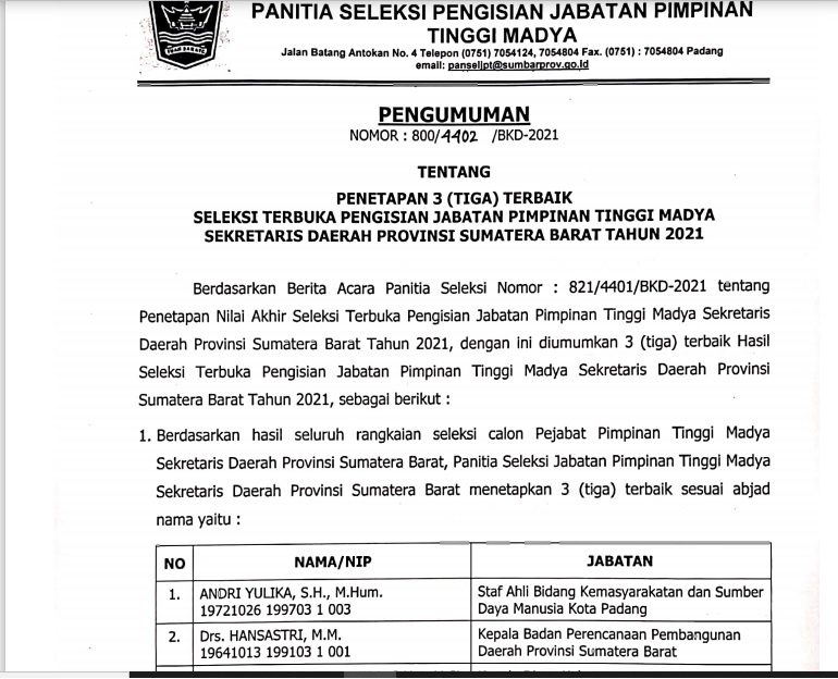 PENETAPAN 3 (TIGA) TERBAIK SELEKSI TERBUKA PENGISIAN JABATAN PIMPINAN TINGGI MADYA SEKRETARIS DAERAH PROVINSI SUMATERA BARAT TAHUN 2021