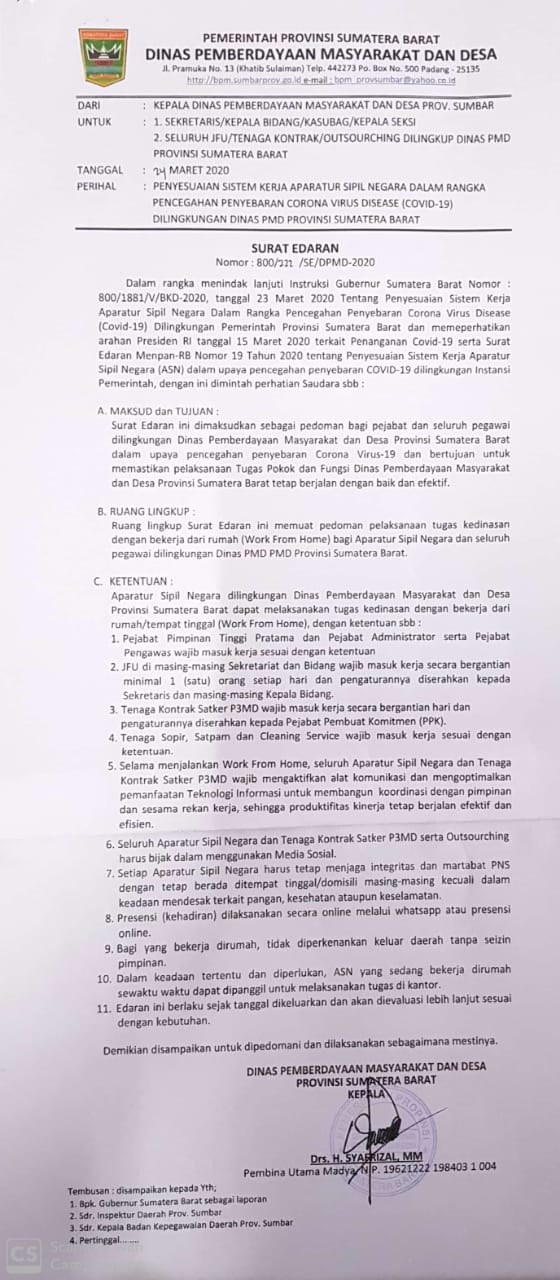 SURAT EDARAN KEPALA DINAS PMD PROV. SUMBAR