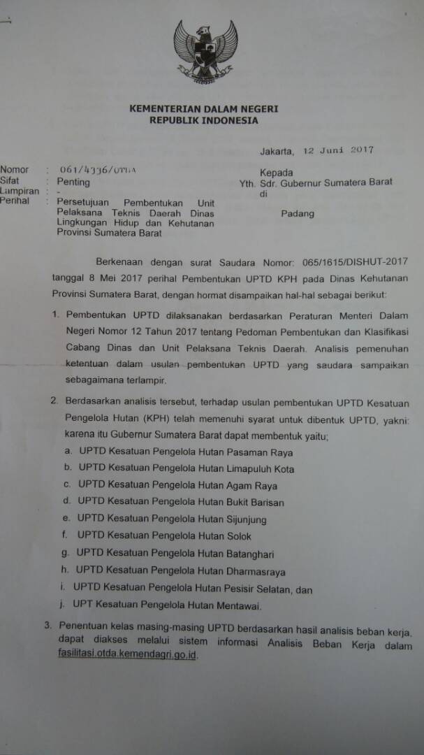  Kemendagri Menyetujui Pembentukan 10 KPH di Sumatera Barat.