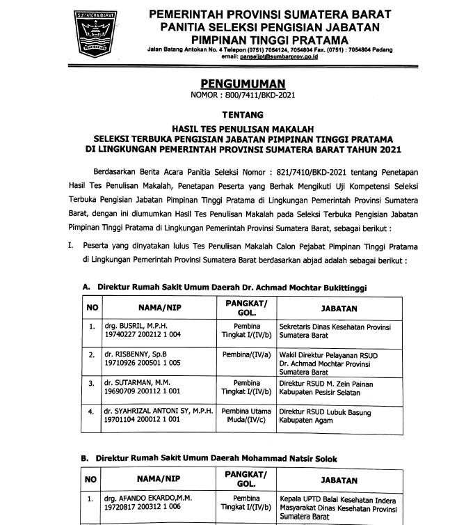 PENGUMUMAN HASIL TES PENULISAN MAKALAH SELEKSI TERBUKA PENGISIAN JABATAN PIMPINAN TINGGI PRATAMA DI LINGKUNGAN PEMERINTAH PROVINSI SUMATERA BARAT TAHUN 2021