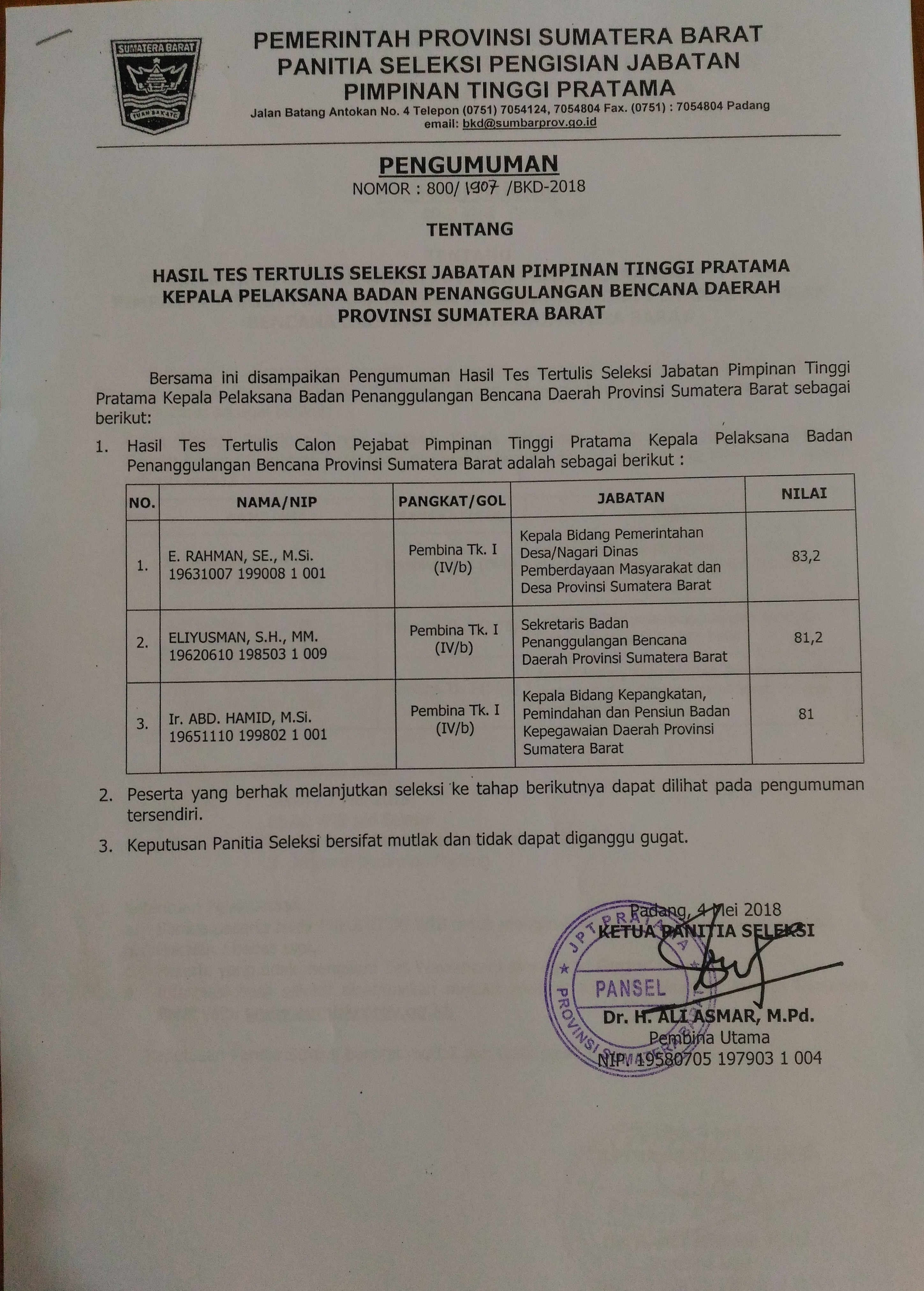 HASIL TES TERTULIS SELEKSI JABATAN PIMPINAN TINGGI PRATAMAKEPALA PELAKSANA BPBD PROV. SUMBAR
