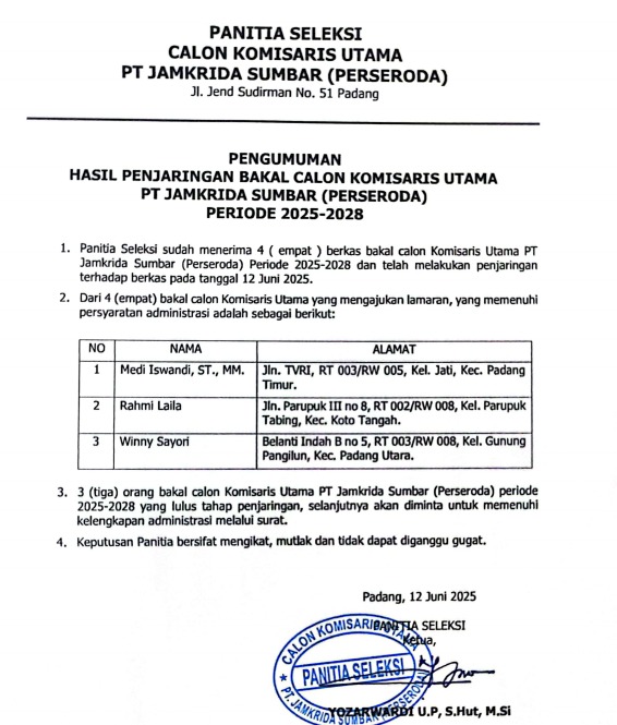Pengumuman Hasil Penjaringan Bakal Calon Hasil Komisaris Utama PT JamKrida Sumbar (PERSERODA) Periode 2025 s.d 2028