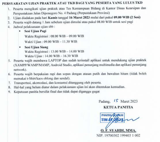 Pengumuman Hasil Tes Kemampuan Dasar Tenaga Kontrak Bidang IT Lingkup Pemerintah Provinsi Sumatera Barat Tahun 2023