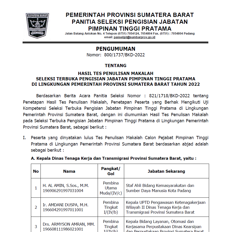 PENGUMUMAN HASIL TES PENULISAN MAKALAH SELEKSI TERBUKA PENGISIAN JABATAN PIMPINAN TINGGI PRATAMA DI LINGKUNGAN PEMERINTAH PROVINSI SUMATERA BARAT TAHUN 2022