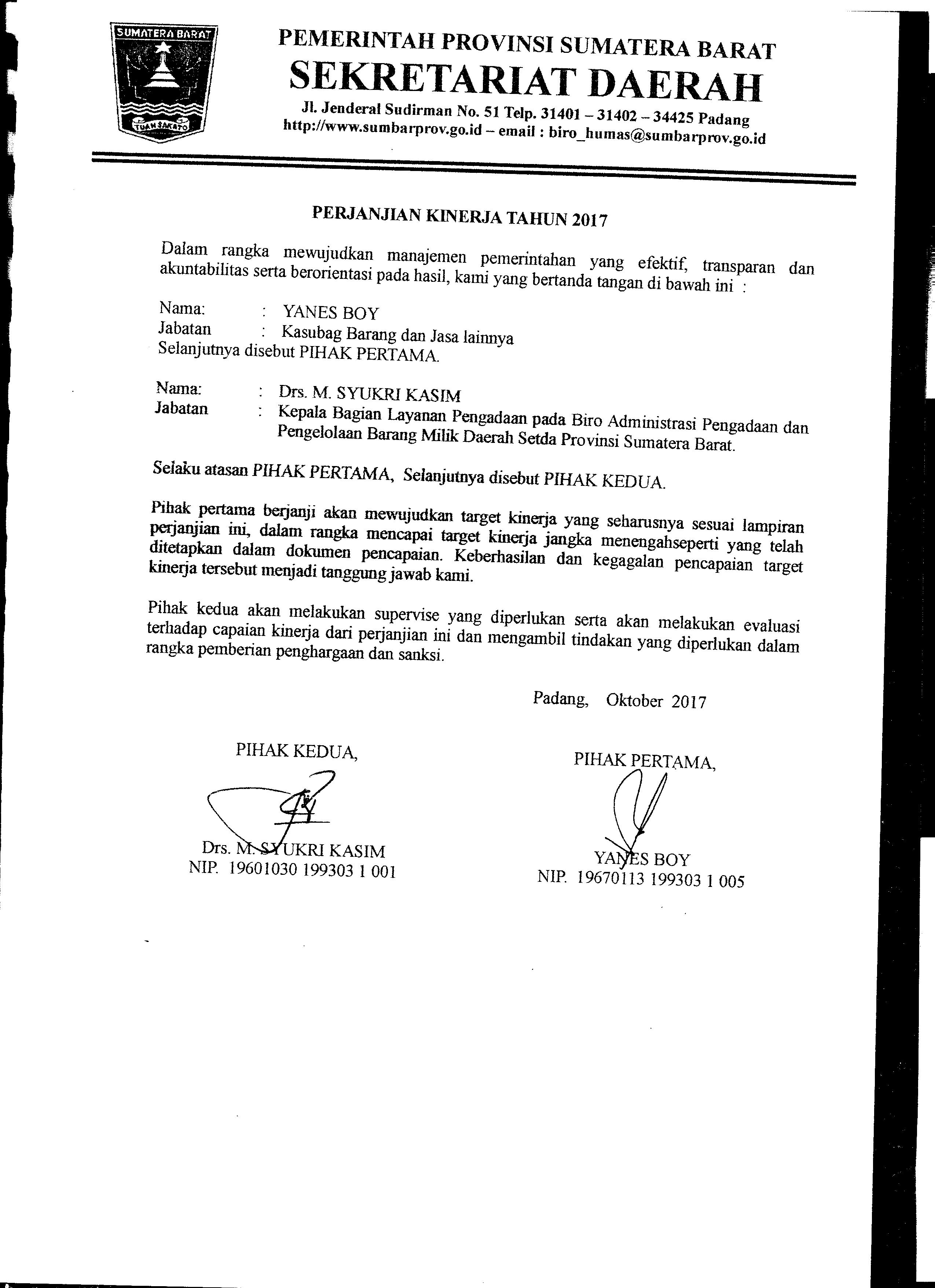 Perjanjian Kinerja Kasubag Barang dan jasa Lainnya Biro AP2BMD Tahun 2017