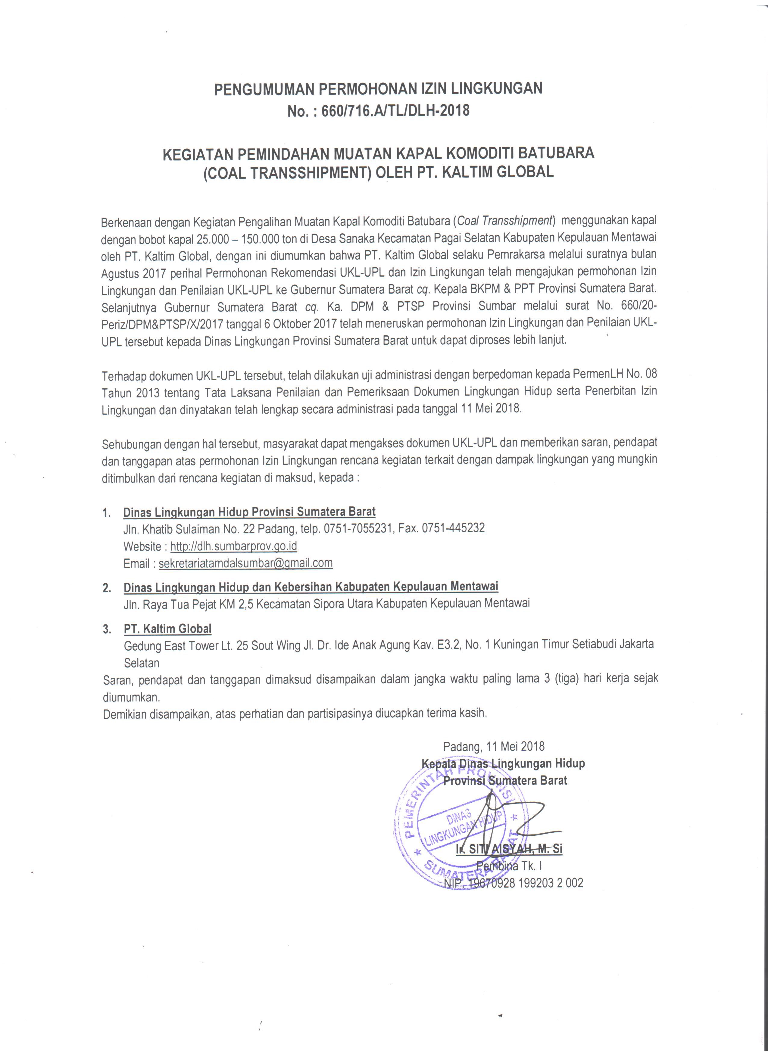PENGUMUMAN PERMOHONAN IZIN LINGKUNGAN KEGIATAN PEMINDAHAN MUATAN KAPAL KOMODITI BATUBARA OLEH PT.KALTIM GLOBAL