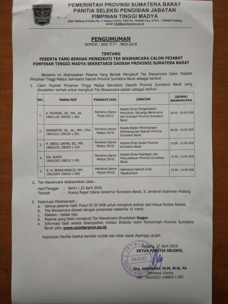 PESERTA YANG BERHAKMENGIKUTI TES WAWANCARA CALON PEJABAT PIMPINAN TINGGI MADYA SEKDA PROV. SUMBAR