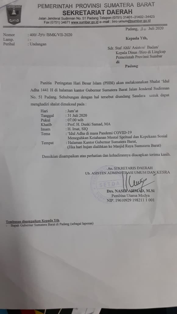 Pemprov Sumbar Bakal Laksanakan Sholat Idul Adha 1441 H di Halaman Kantor Gubernur