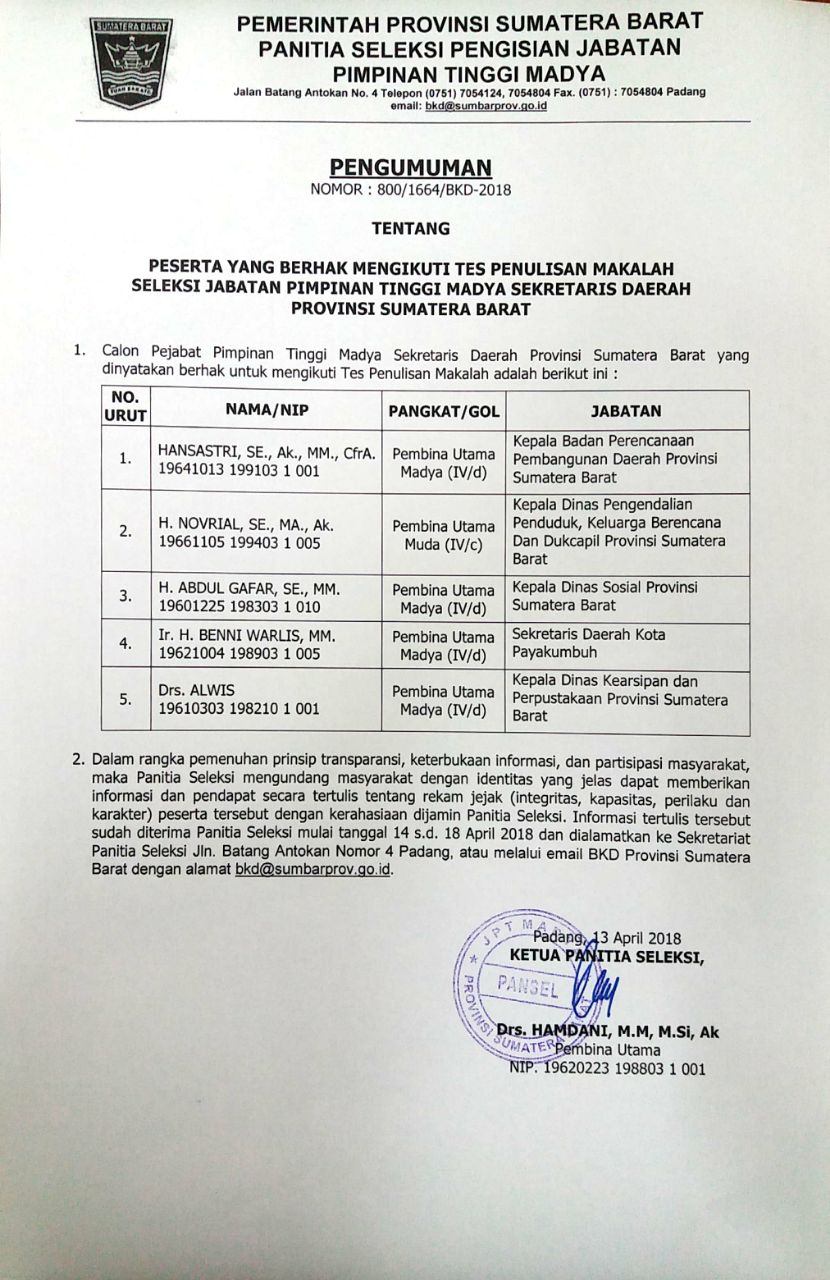 PESERTA YANG BERHAK MENGIKUTI TES PENULISAN MAKALAH SELEKSI JABATAN PIMPINAN TINGGI MADYA SEKRETARIS DAERAH PROVINSI SUMATERA BARAT