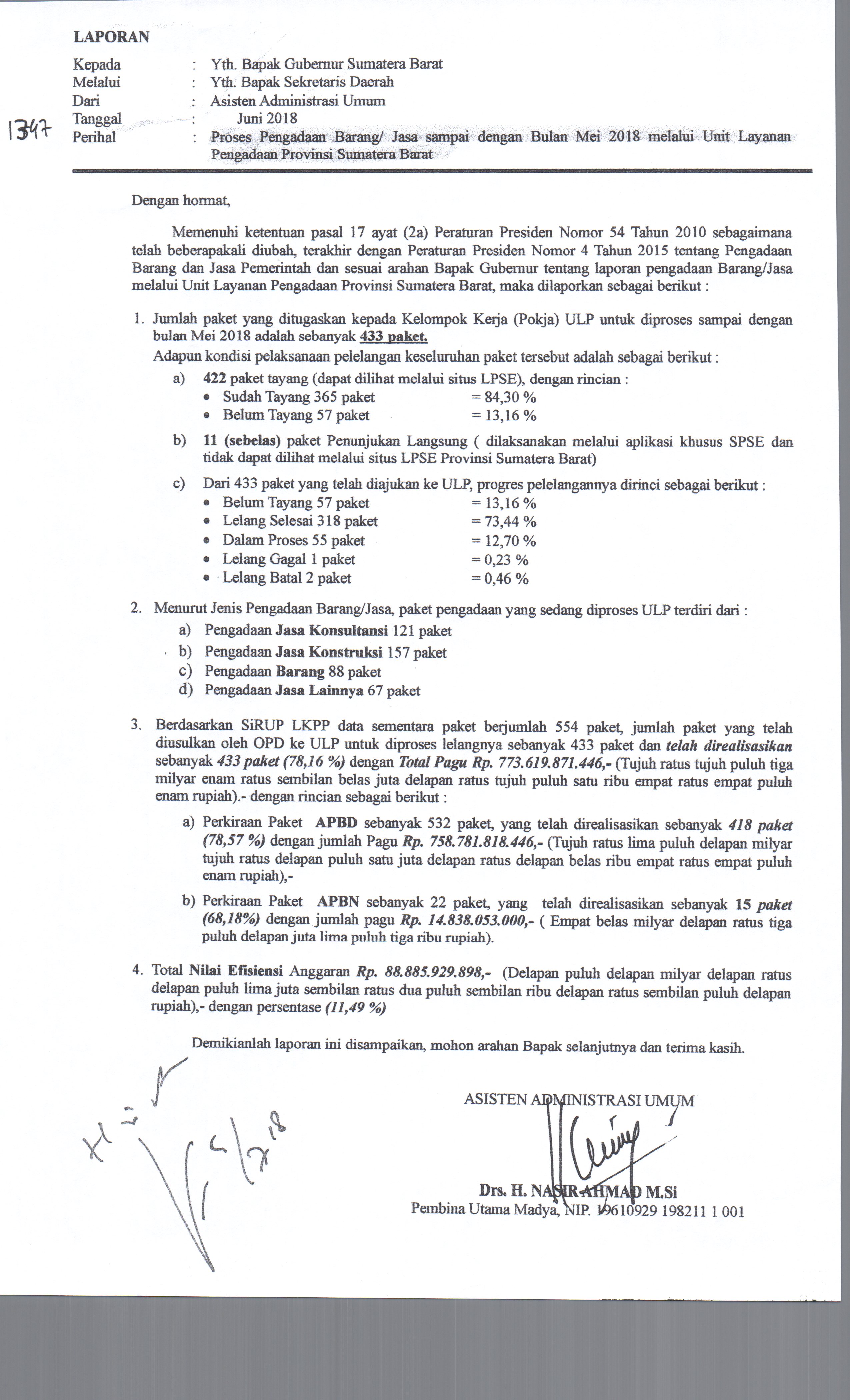 Laporan Proses Pengadaan Barang/ Jasa sampai dengan Bulan Mei 2018 melalui Unit Layanan Pengadaan Provinsi Sumatera Barat