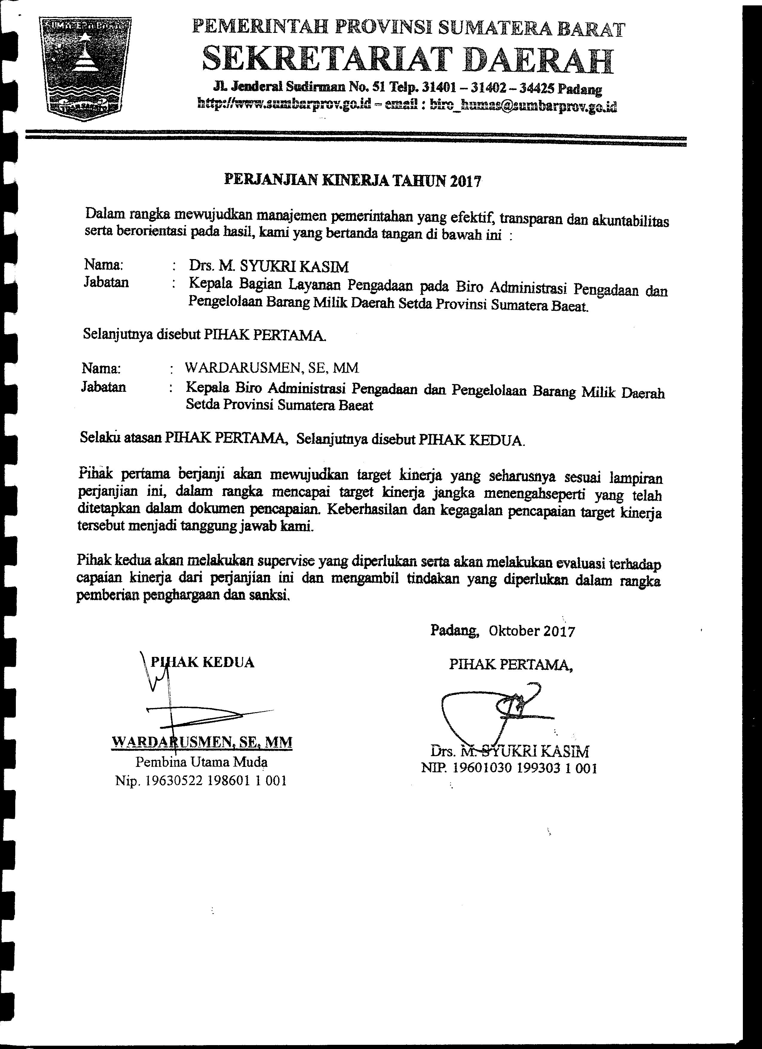 Perjanjian Kinerja Kabag. Layanan Pengadaan Biro AP2BMD Tahun 2017