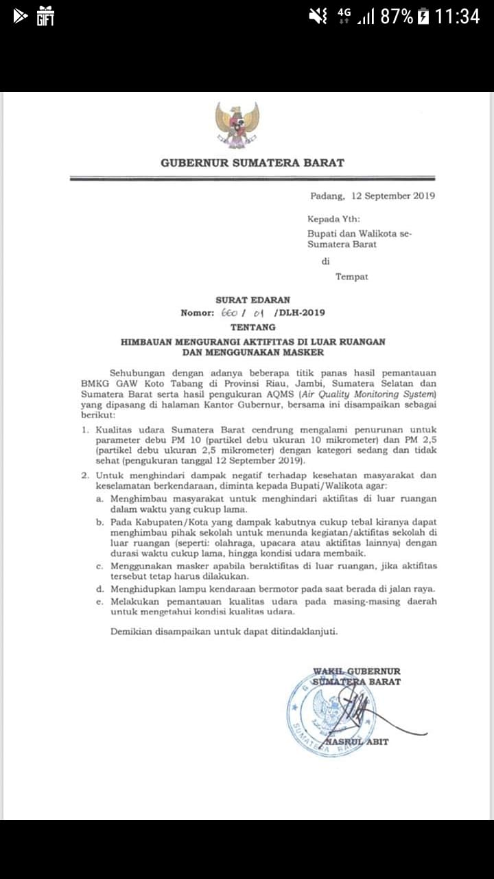 SE Gubernur Tentang Himbauan Mengurangi Aktifitas di Luar Ruangan dan Menggunakan Masker