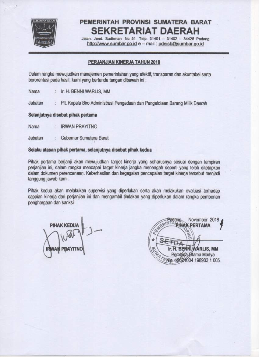 Perjanjian Kinerja Tahun 2018 Biro AP2BMD