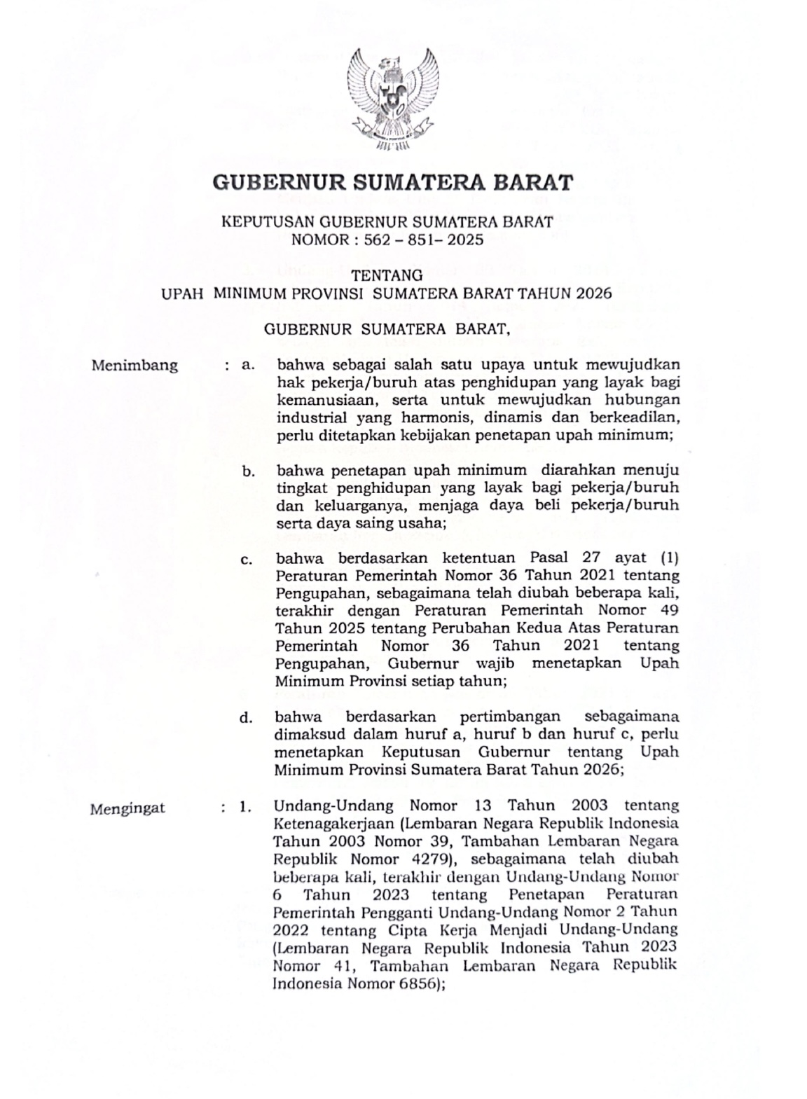 Keputusan Gubernur Sumatera Barat Nomor 562-851-2025 Tentang Upah Minimum Provinsi Sumatera Barat Tahun 2026