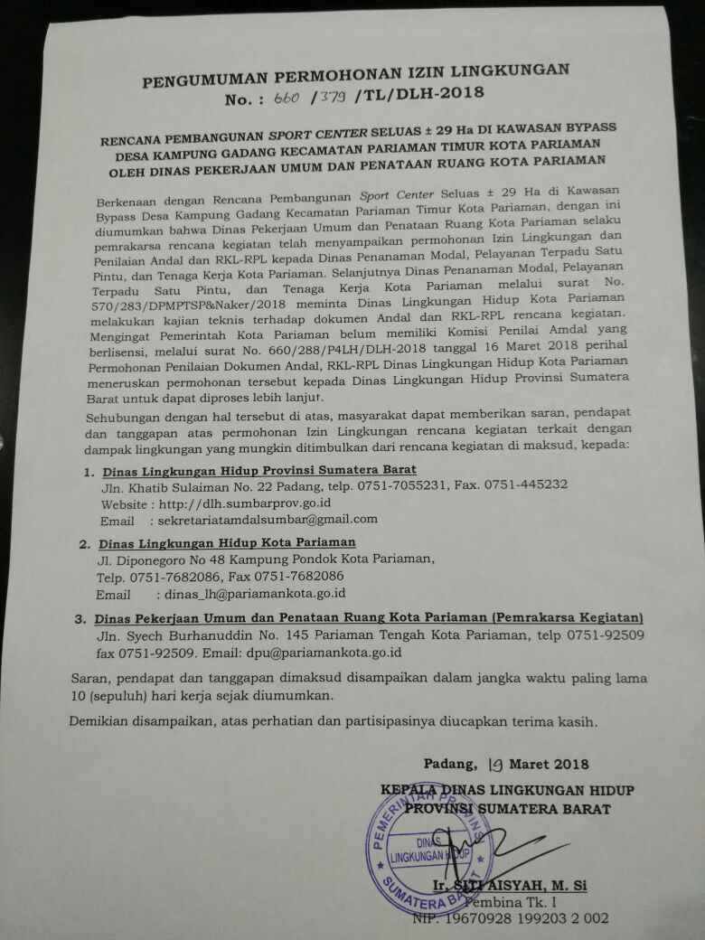 PENGUMUMAN PERMOHONAN IZIN LINGKUNGAN PEMBANGUNAN SPORT CENTER