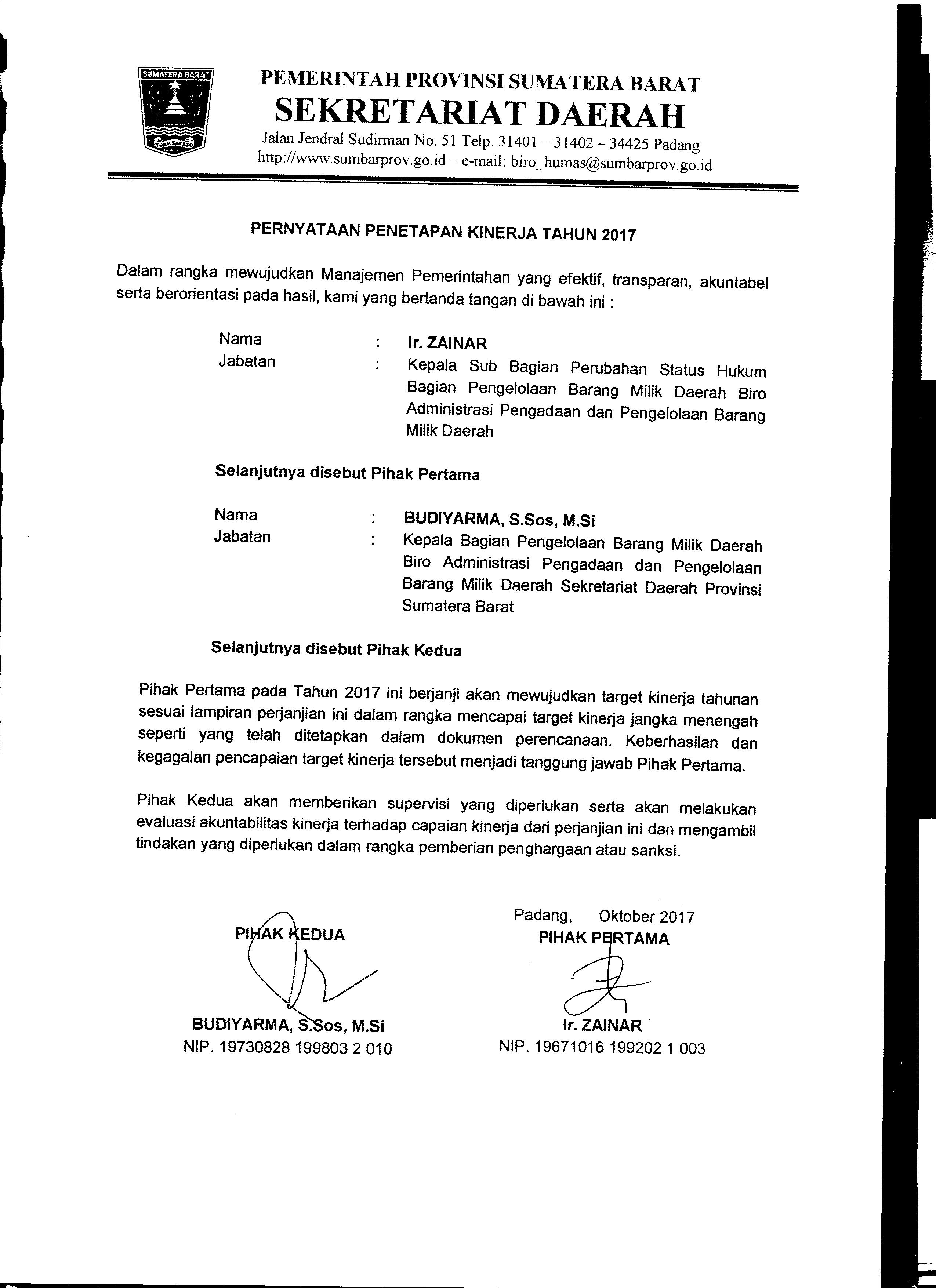 Perjanjian Kinerja Kasubag Perubahan Status Hukum Biro AP2BMD Tahun 2017