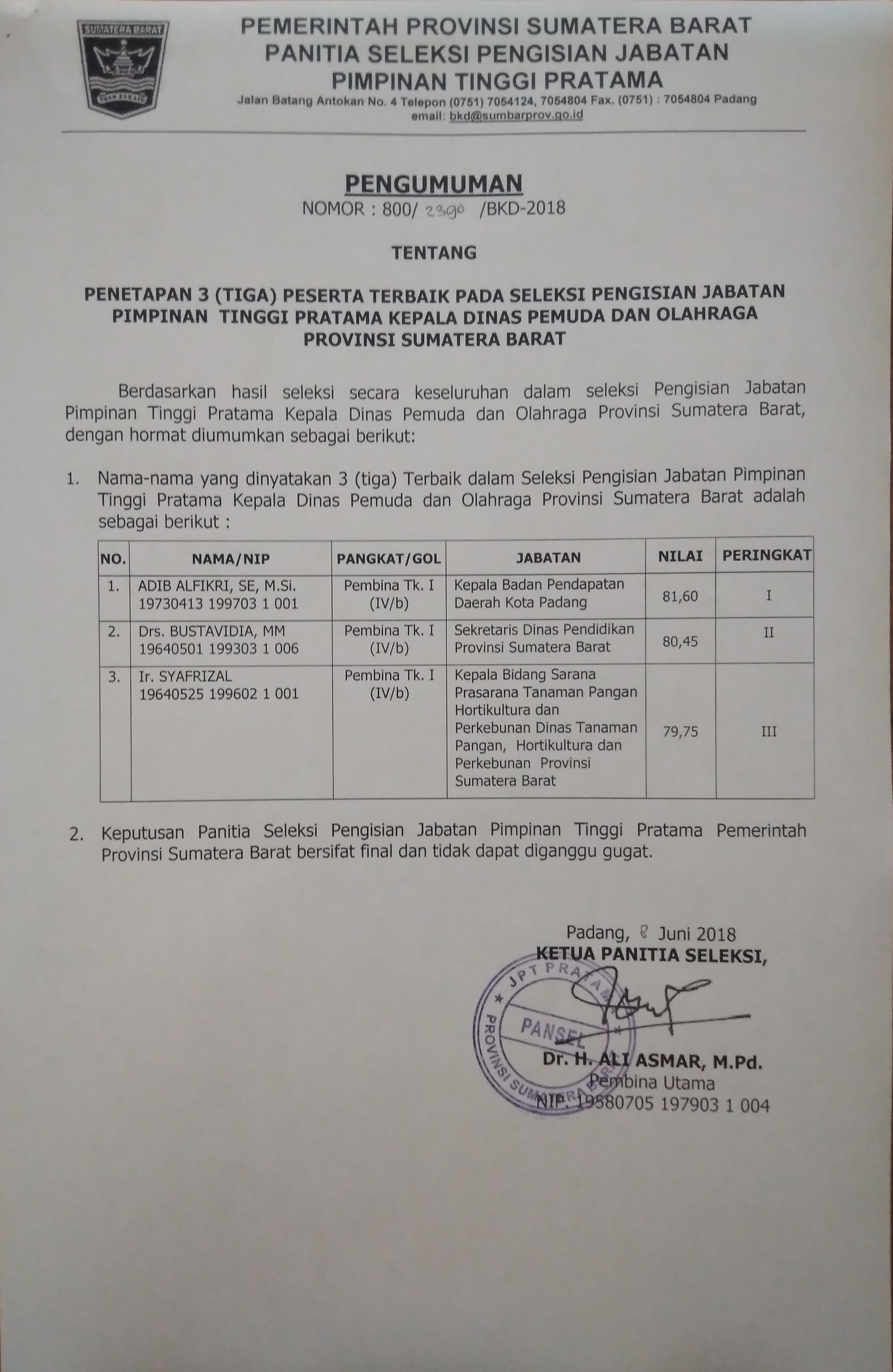PENETAPAN 3 (TIGA) PESERTA TERBAIK PADA SELEKSI PENGISIAN JABATAN PIMPINAN TINGGI PRATAMA KEPALA DINAS PEMUDA DAN OLAHRAGA PROV. SUMBAR
