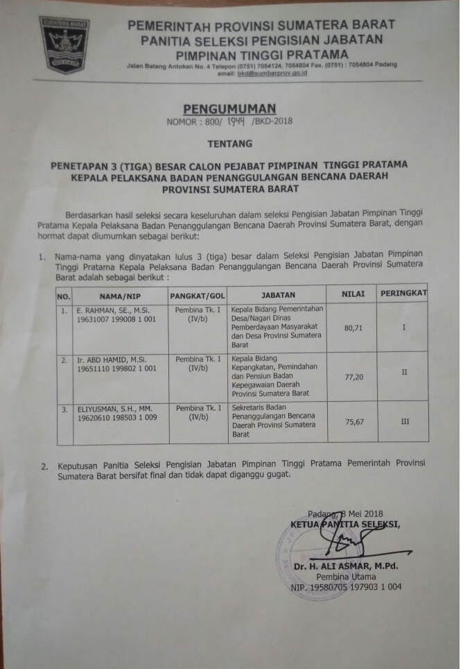 PENETAPAN 3 (TIGA) BESAR CALON PEJABAT PIMPINAN TINGGI PRATAMA KEPALA PELAKSANA BPBD PROV. SUMBAR