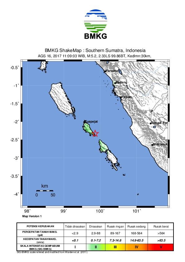 GEMPABUMI TEKTONIK M=5,1 MENGGUNCANG KABUPATEN KEPULAUAN MENTAWAI, TIDAK BERPOTENSI TSUNAMI